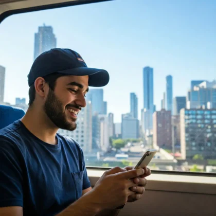 BlueSky Follower kaufen bei LikesAndmore bereitet einem Mann Freude der in der Bahn auf sein Handy schaut